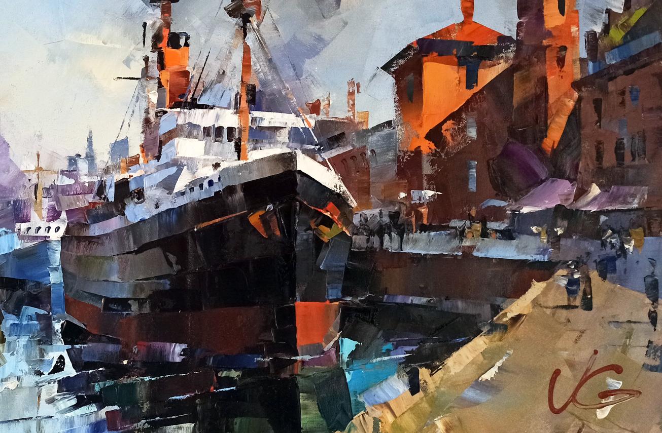 Oil painting Morning bustle by Volodymyr Gluhomanyuk: ship in harbor