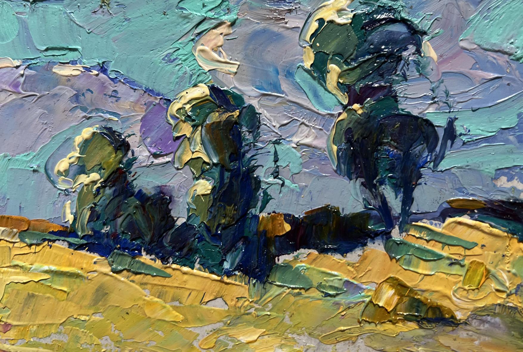 Oleksiy Ivanyuk oil painting: Morning in wheat field with teal brushstrokes