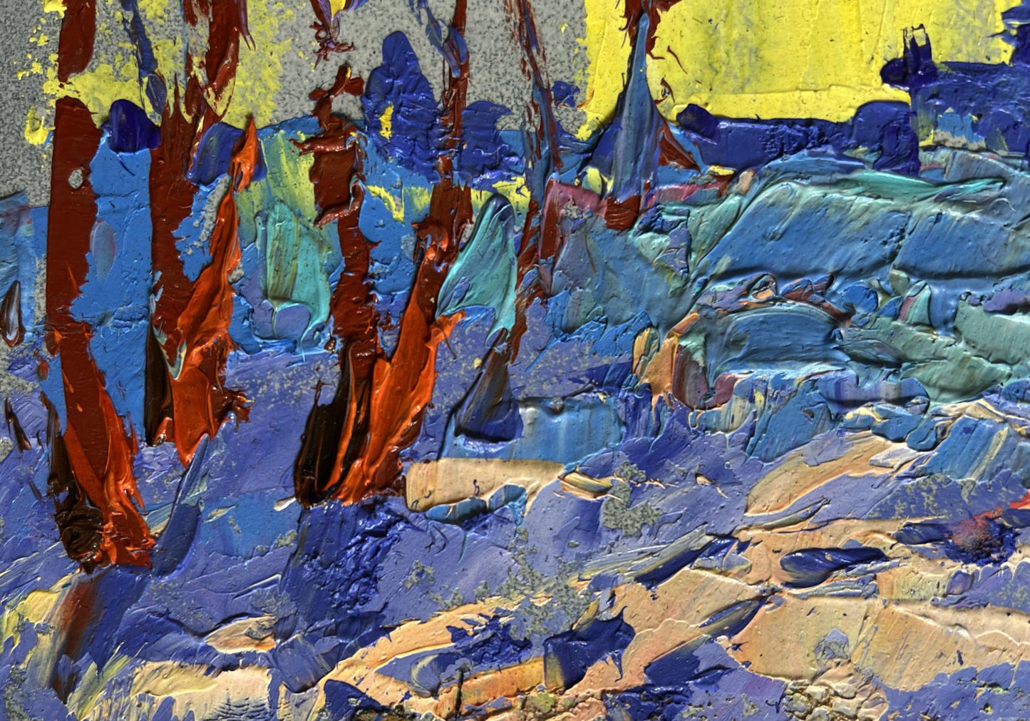 Vibrant Oleksiy Ivanyuk oil painting: Winter evening with yellow sunset