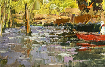 Vibrant impressionist oil painting of summer boat vacation on river by Oleksiy Ivanyuk