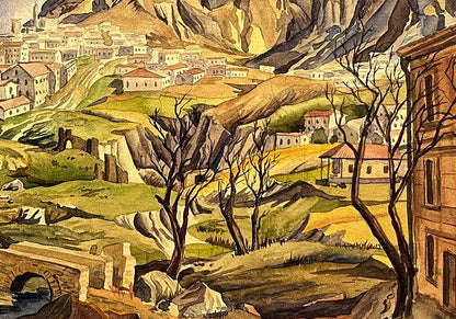 Watercolor painting of Dmytro Startsev city in sunlit mountain hillside