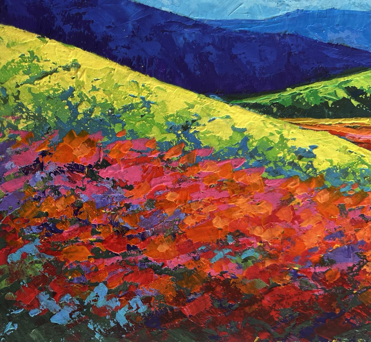 Vibrant impressionist oil painting Evening sunset in mountain valley by V. Zadorozhnya