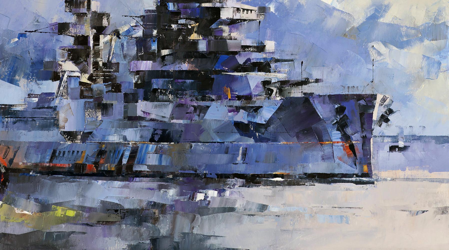 Stylized blue gray warship oil painting Fearless by Volodymyr Gluhomanyuk