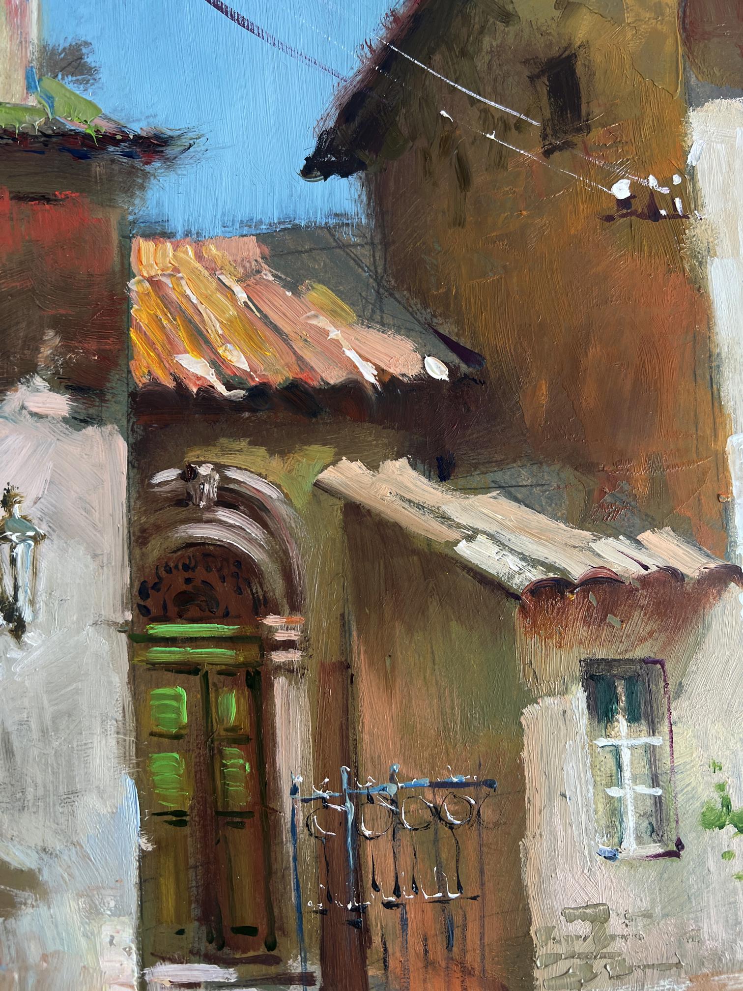 Oil painting of vibrant green door in old city house by Yuriy Suprunchuk