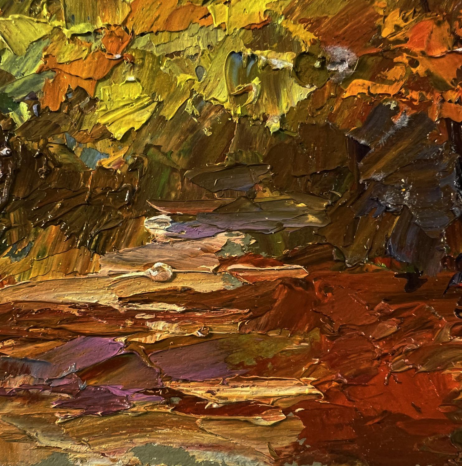 Oil painting Golden autumn forest by Boris Serdyuk in warm textured tones