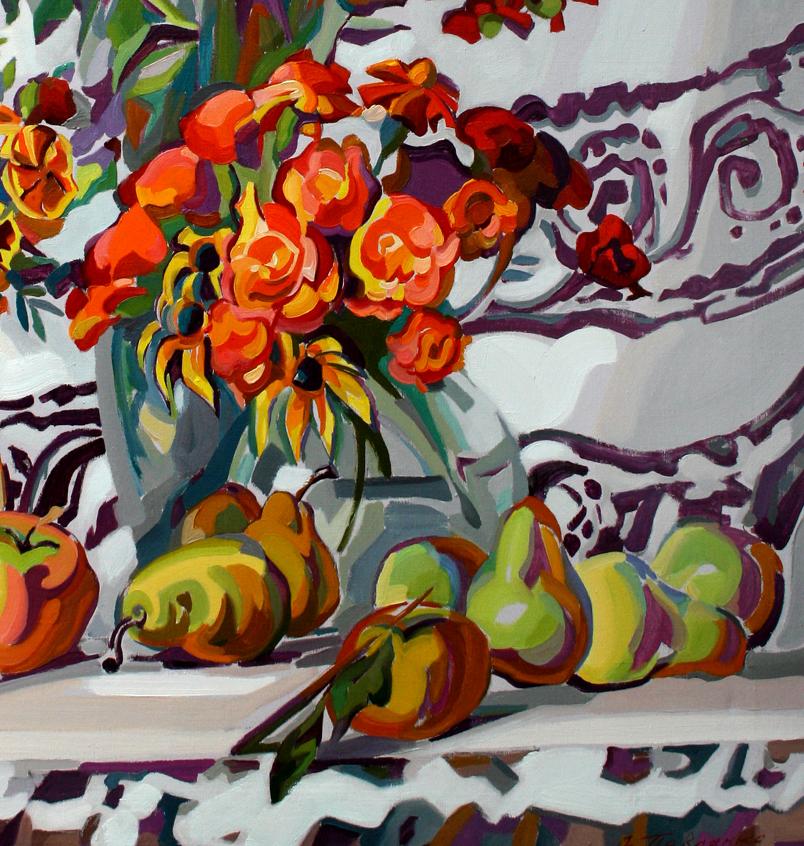 Oil painting of vibrant orange red flowers in glass vase by Leonid Pavlenko
