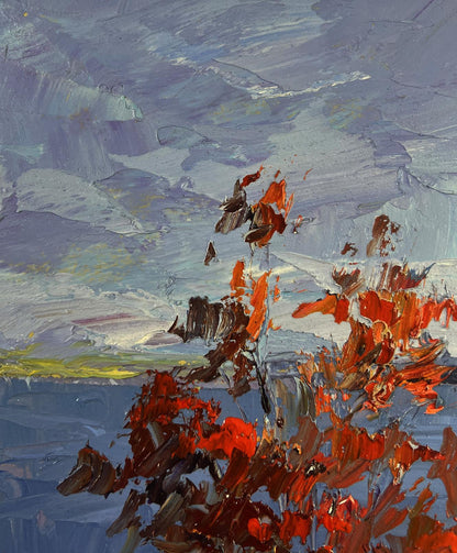 Vibrant oil painting of golden trees and blue horizon by Boris Serdyuk