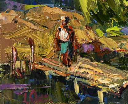 Vibrant impressionist oil painting by Oleksiy Ivanyuk of figure in teal shorts on rustic bridge