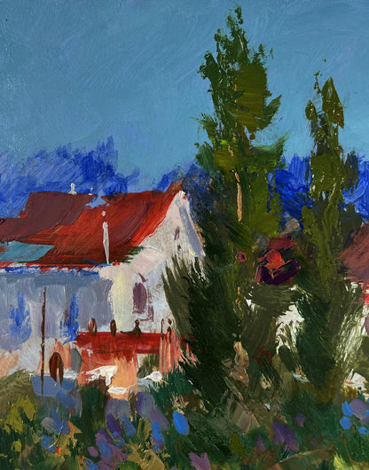 Vibrant impressionist oil painting by Yuriy Suprunchuk of white house among trees