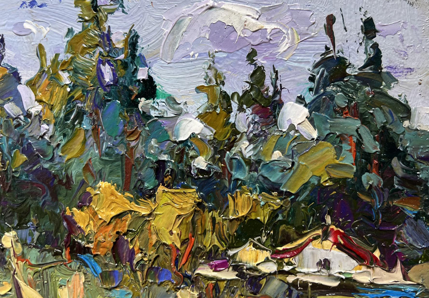 Vibrant impressionist oil painting of house near forest by Oksana Ivanyuk
