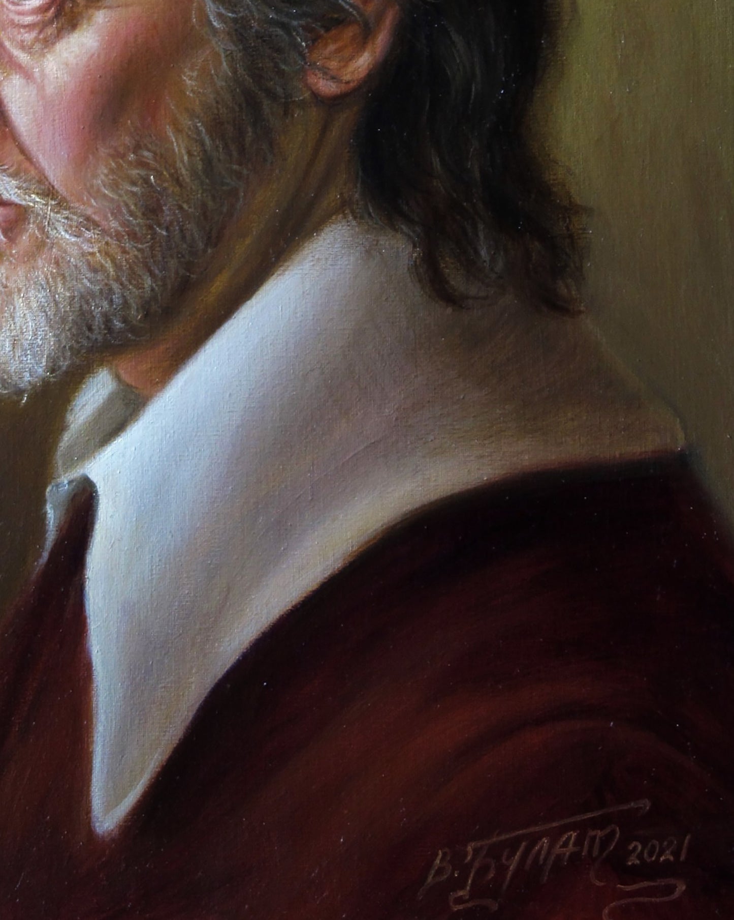 Oil painting Sight Valeriy Bulat portrait of man with long dark hair white beard ornate red garment