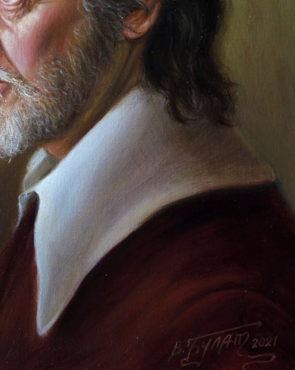 Oil painting Sight Valeriy Bulat portrait of man with long dark hair white beard ornate red garment