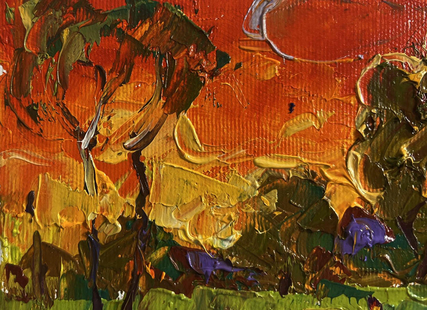 Vibrant Oleksiy Ivanyuk oil painting The summer sky is burning with textured orange red yellow green brushstrokes