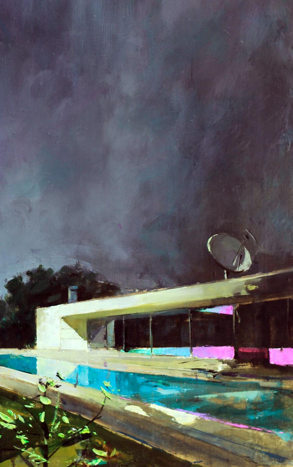 Oil painting Paradise Ed Potapenkov: modernist white concrete house with long pool and pink window accents