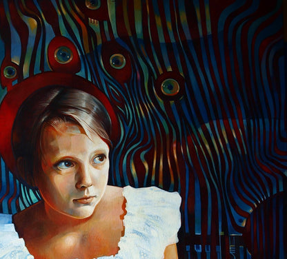 Oil painting Paramatma Konsta G. Amelinn: portrait of girl in white ruffled garment, red headpiece, swirling peacock background