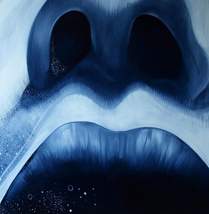 Surreal blue-toned oil painting Memory by Konsta G. Amelinn, open mouth close-up