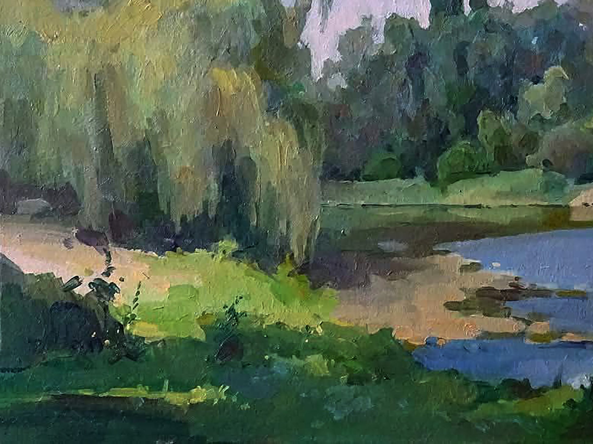 Lush green willow by calm blue river, impressionistic oil painting by Anastasia Yaroshevich