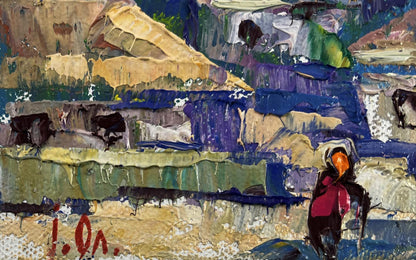 Oil painting by Oleksiy Ivanyuk: sunlight through houses, textured blue green strokes