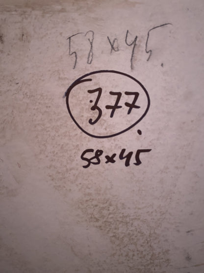 Back of oil painting with sea views showing handwritten measurements and circled 377 on textured surface