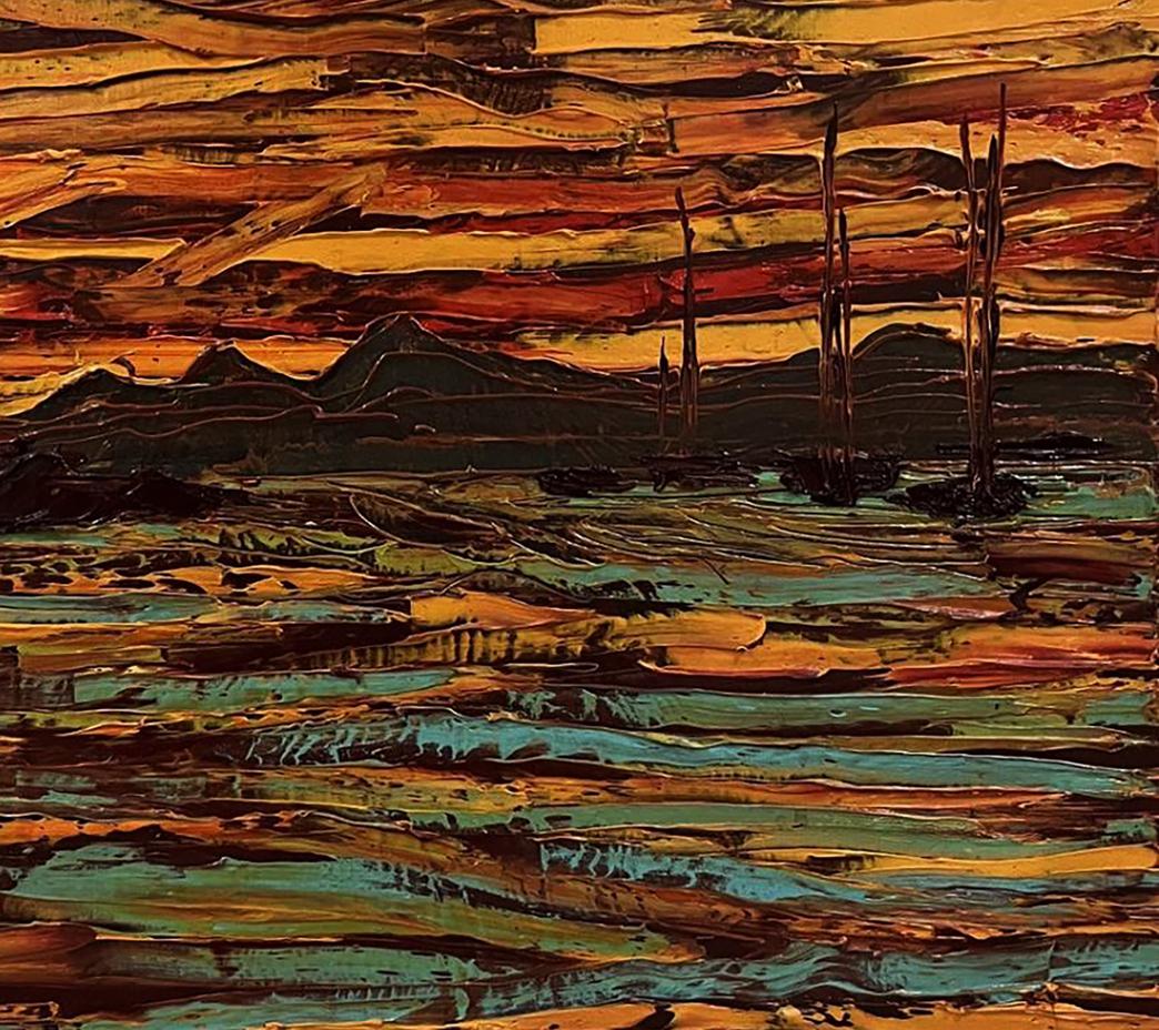 Oil painting Reflexo by Serhiy Kovalev: abstract orange red teal landscape with tree silhouettes