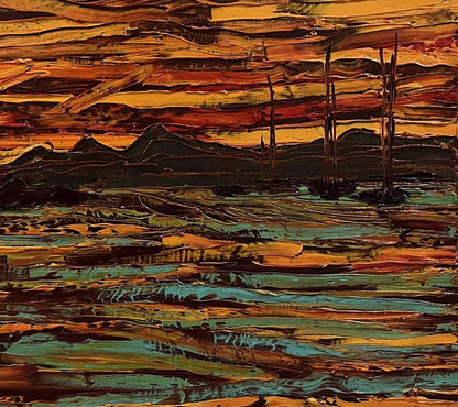 Oil painting Reflexo by Serhiy Kovalev: abstract orange red teal landscape with tree silhouettes
