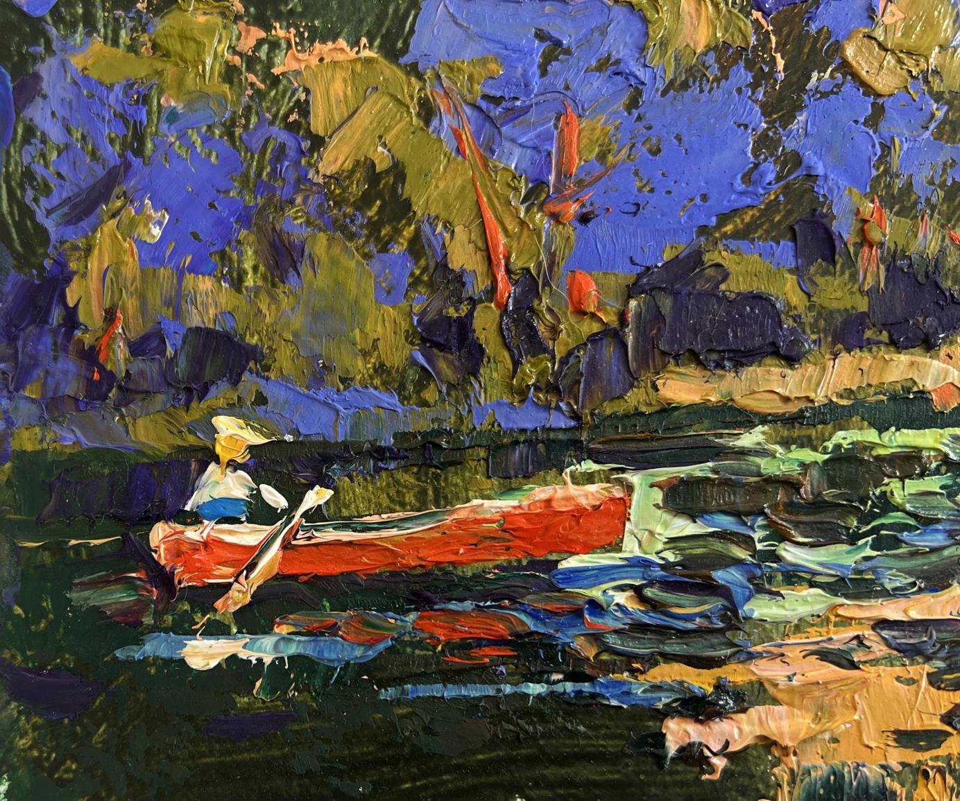 Oil painting Evening boat ride by Oleksiy Ivanyuk: red rowboat on textured water