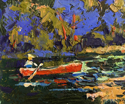 Oil painting Evening boat ride by Oleksiy Ivanyuk: red rowboat on textured water