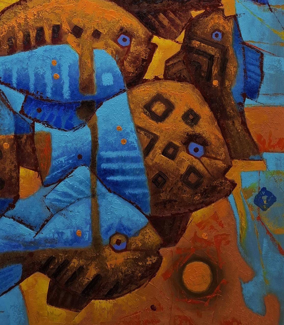 Oil painting Gold fish parade by Sergiy Voichenko, geometric fish in blue and brown