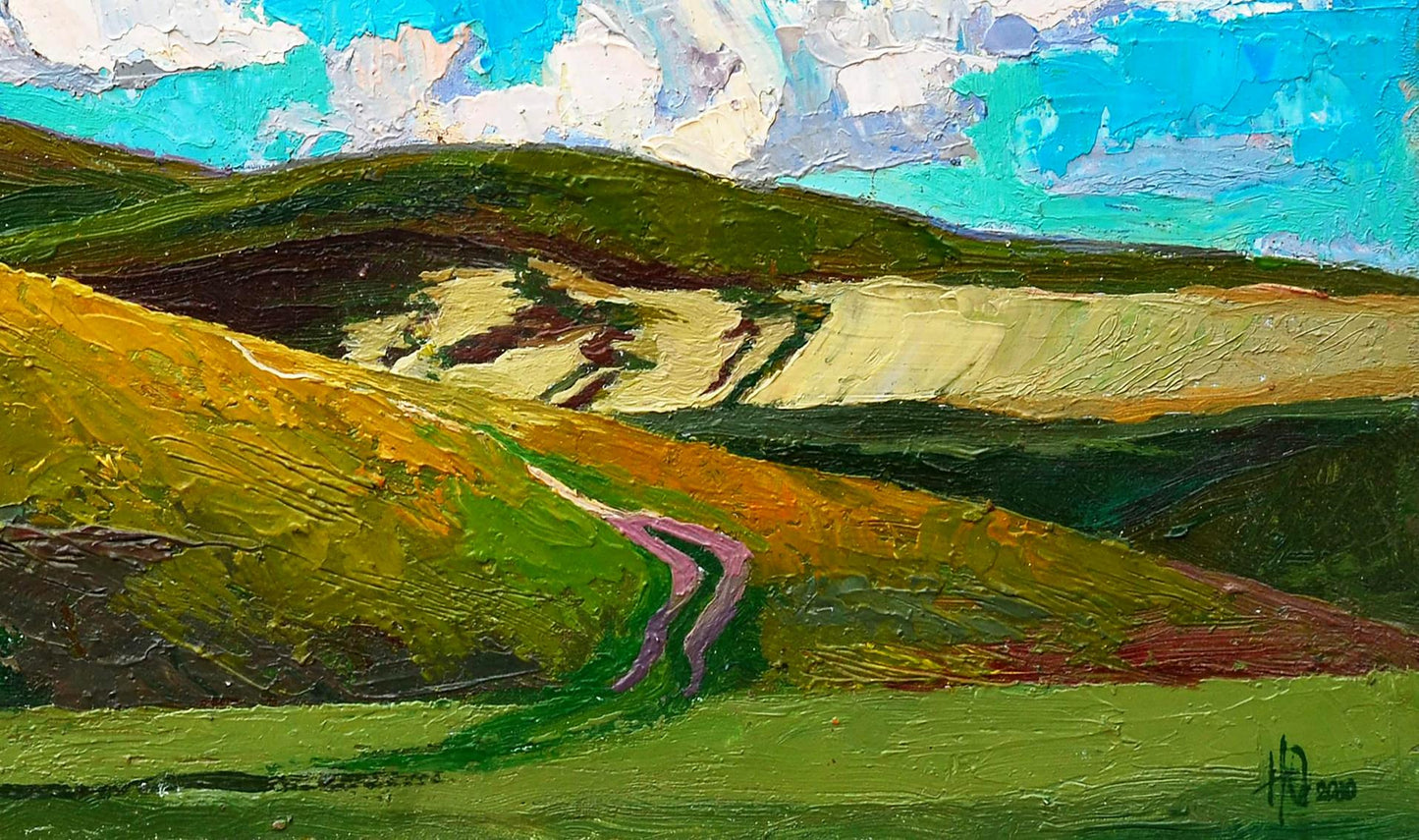 Vibrant impressionist oil painting of mountains by Egor Shvachunov