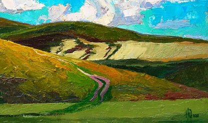 Vibrant impressionist oil painting of mountains by Egor Shvachunov