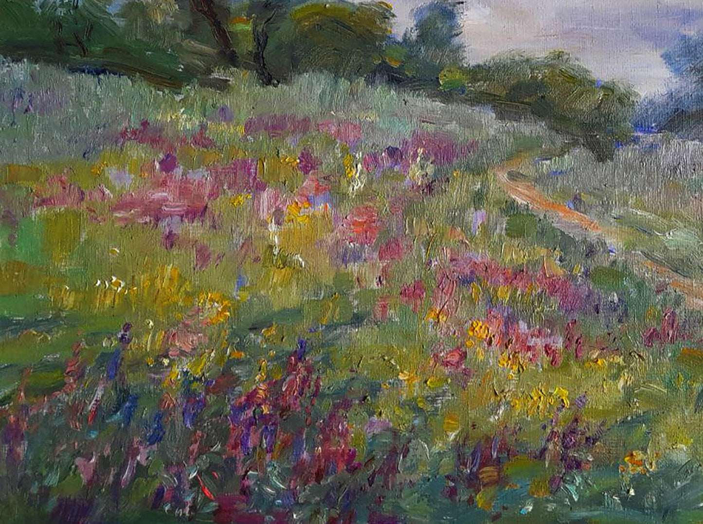 Vibrant oil painting of sunlit path through wildflower meadow by Ivan Kovalenko