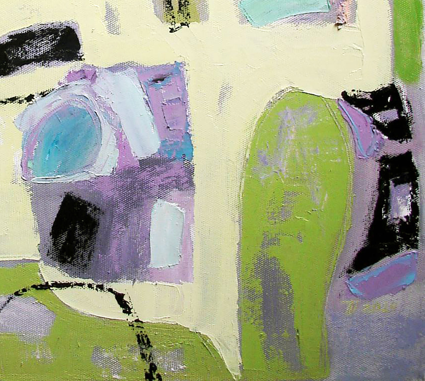 Gentle Miro oil painting by Tatyana Shulyak, abstract purple green teal strokes