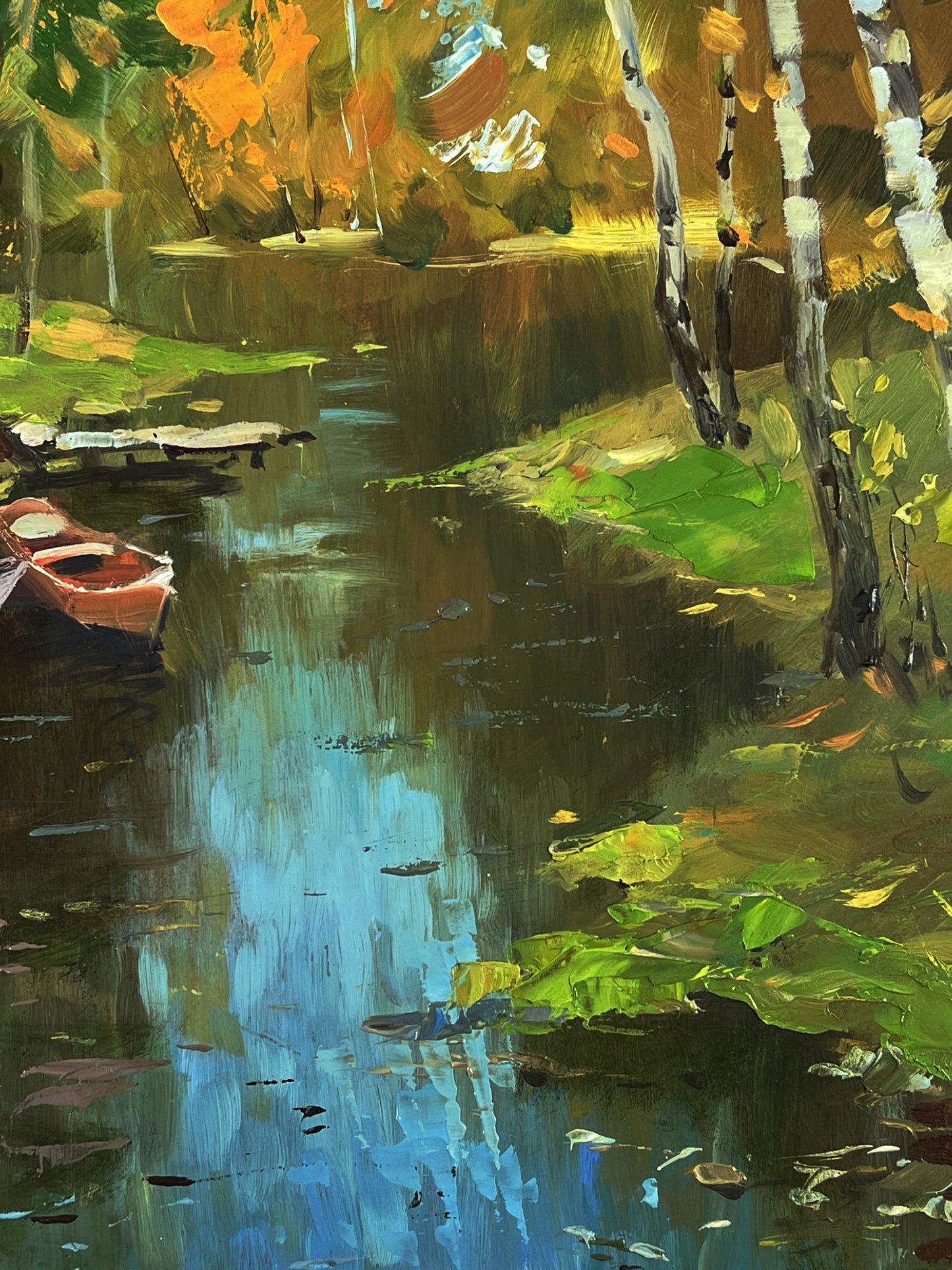 Oil painting of rustic red rowboat on autumn forest stream by Yuriy Suprunchuk