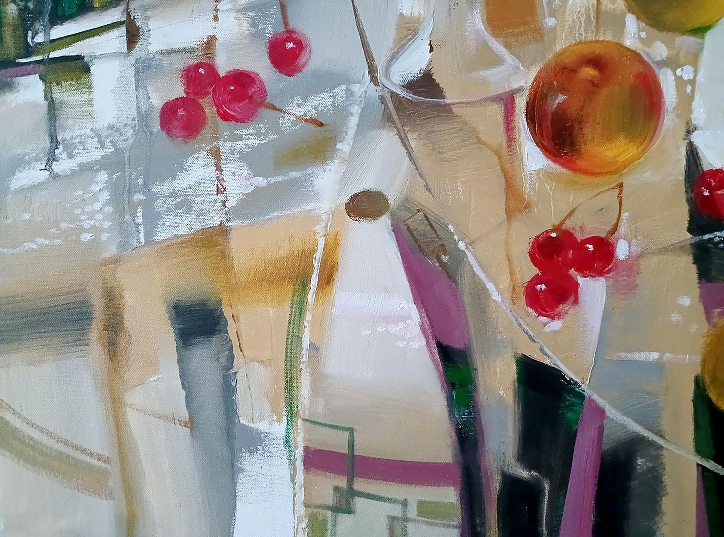 Abstract oil painting Cherries by Anatoly Tarabanov with cherries and orange sphere