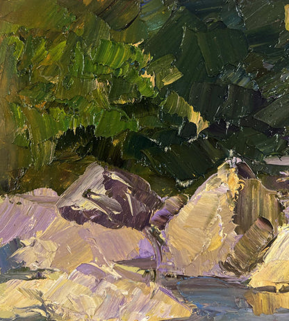 Oil painting Silent Whispers Between Green Shores by Boris Serdyuk