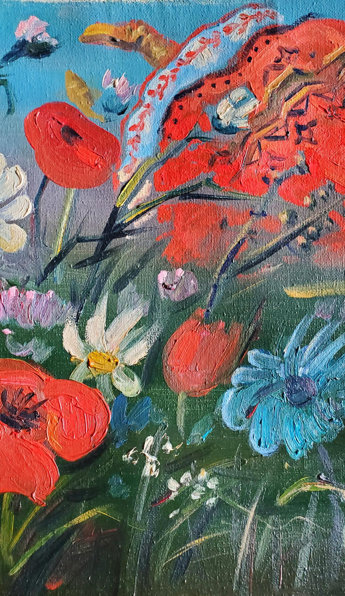 Oil painting Melody of the Steppe by Daniil Litvinov: vibrant abstract floral in red, blue, white