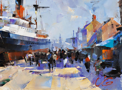 Vibrant impressionistic oil painting of bustling harbor by Volodymyr Gluhomanyuk