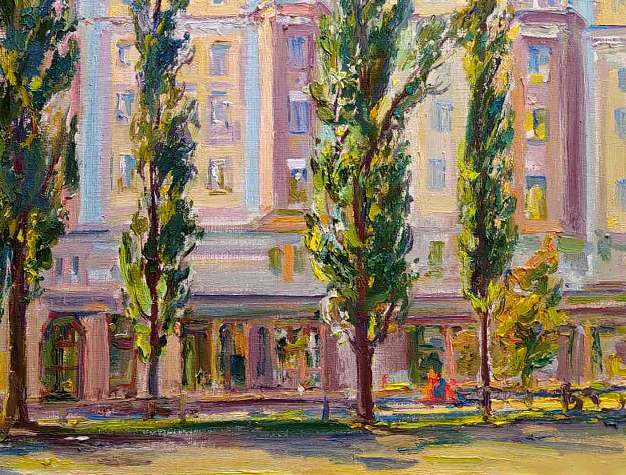 Vibrant impressionist oil painting On the Boulevard Leonid Pavlenko with pastel facades