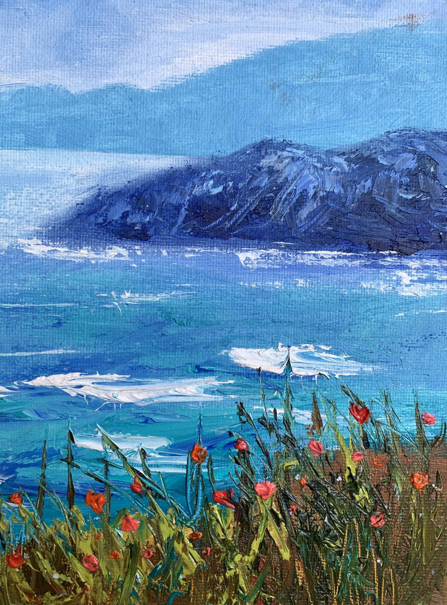 Oil painting Calm sea by Tatyana Derdey: blue waves, mountains, red poppies
