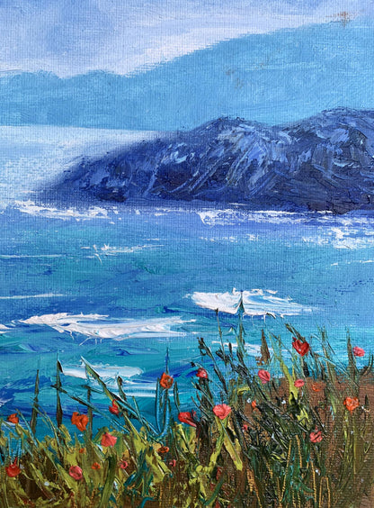 Oil painting Calm sea by Tatyana Derdey: blue waves, mountains, red poppies
