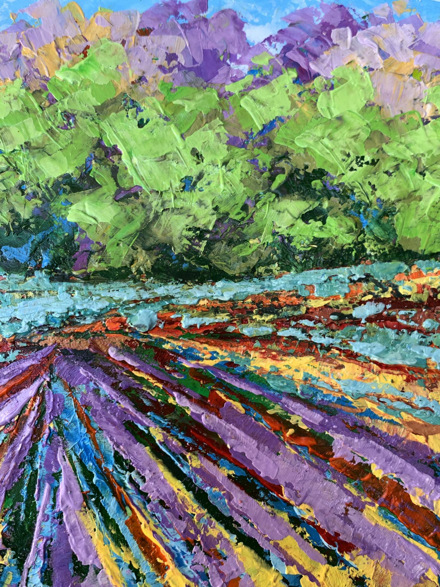 Vibrant impressionist oil painting of sunny lavender field near forest by V. Zadorozhnya