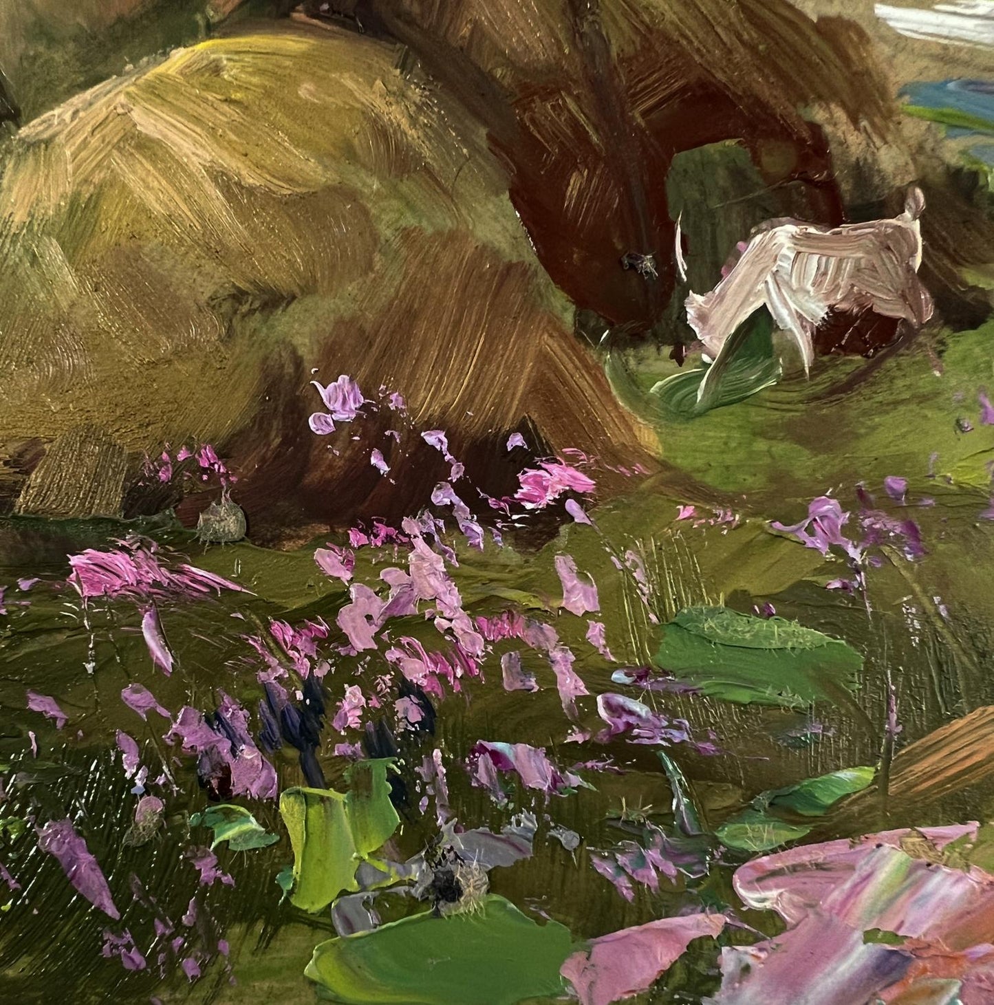 Oil painting by Yuriy Suprunchuk: pink purple flowers, village in clouds