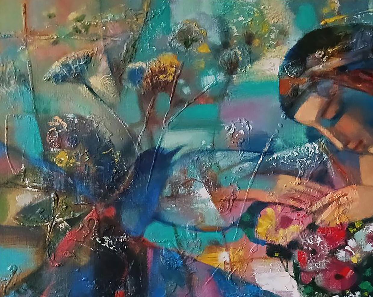 Abstract oil painting of girl and bouquet by Anatoly Tarabanov