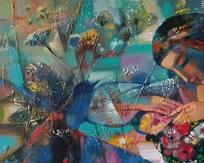 Abstract oil painting of girl and bouquet by Anatoly Tarabanov
