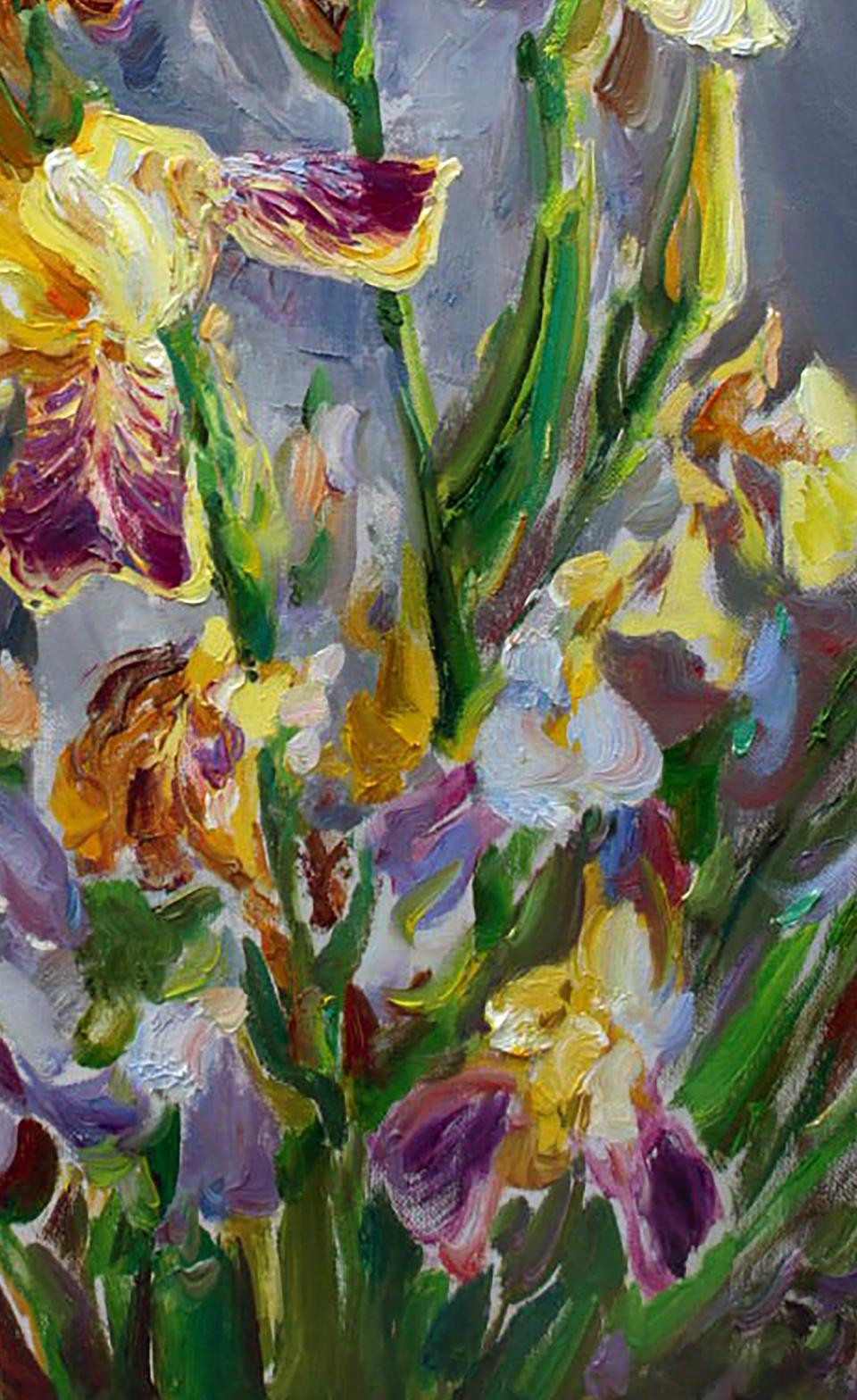 Oil painting of yellow irises by Leonid Pavlenko, vibrant textured strokes