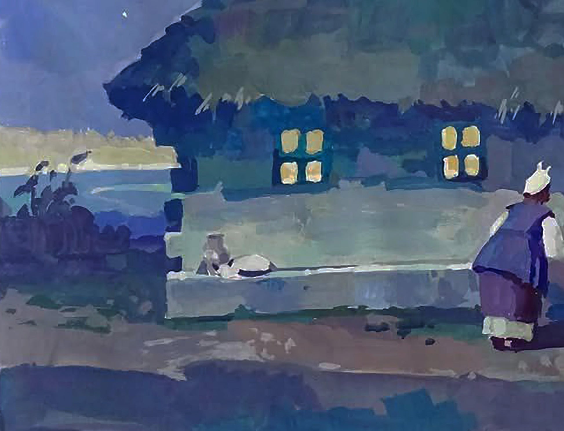 Gouache painting August Twilight by Anastasia Yaroshevich: blue thatched-roof cottage with glowing yellow windows