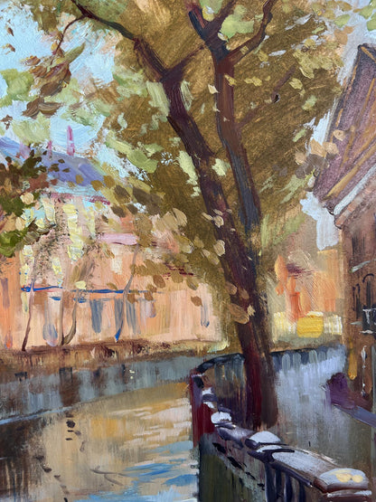 Oil painting of city alley with river and tree by Yuriy Suprunchuk