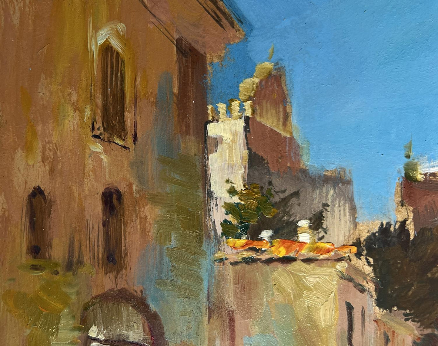 Textured oil painting of sunlit Mediterranean city boats by sea by Yuriy Suprunchuk