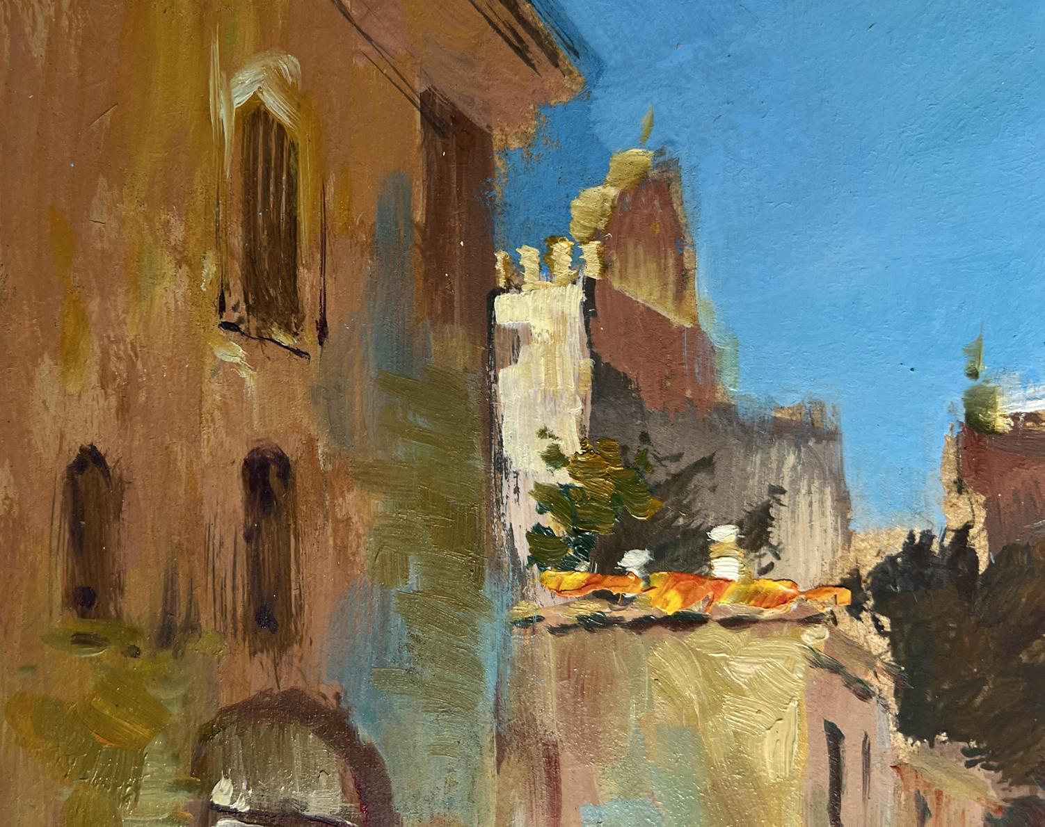Textured oil painting of sunlit Mediterranean city boats by sea by Yuriy Suprunchuk