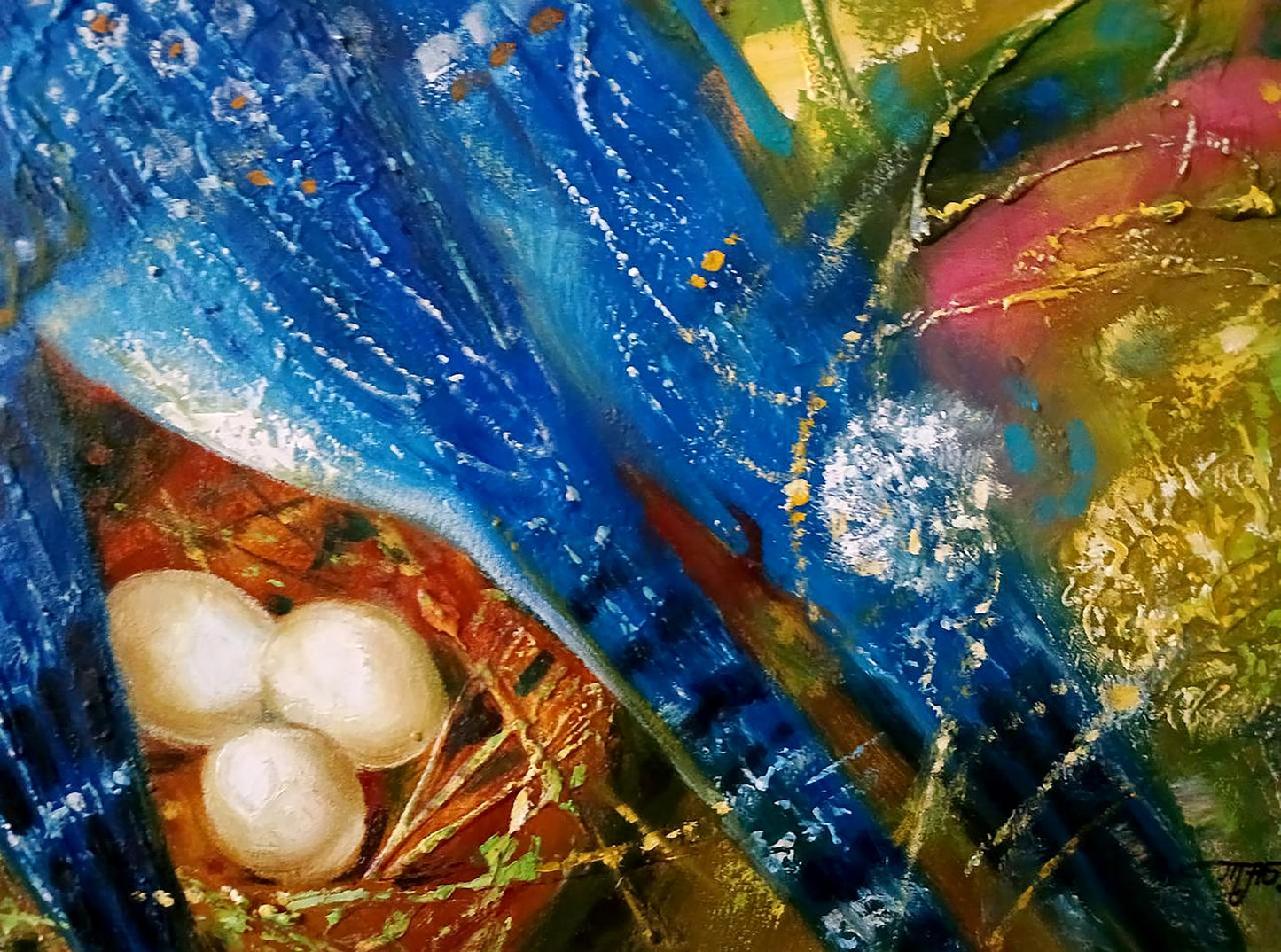 Abstract Blue Bird oil painting by Anatoly Tarabanov with eggs in nest